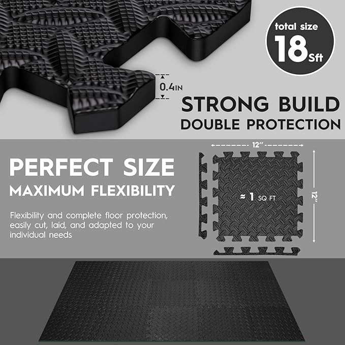 18pcs Puzzle Exercise Mat, 12.6"x12.6"x0.4", 18sqft EVA Interlocking Foam Floor Tiles, Non-Slip, Protective, Water-Resistant Flooring for Home Gym & Workout Equipment