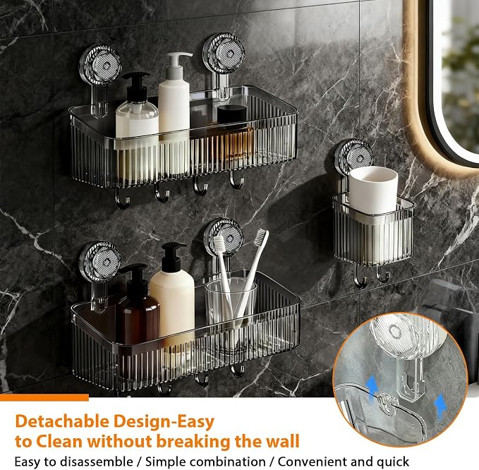 3 Pack Suction Cup Shower Caddy, Black Shower Shelves No Drilling with Movable Hooks & Toothbrush Holder, Wall Storage Shelves for Bathroom, Kitchen