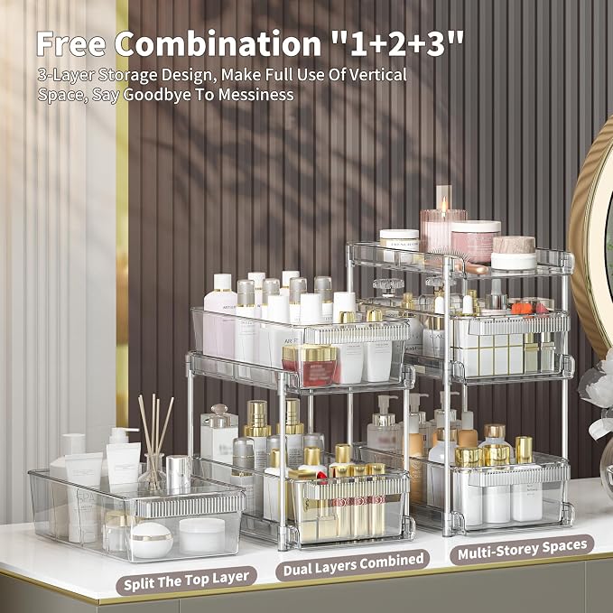 Clear Bathroom Organizers 2 Sets 3 Tier, Pull Out Organizer and Storage with 2 Cups, Slide Out Drawer Storage Container with 6 Dividers, Multi-Purpose Bathroom Organizer, Kitchen Under Sink Organizer