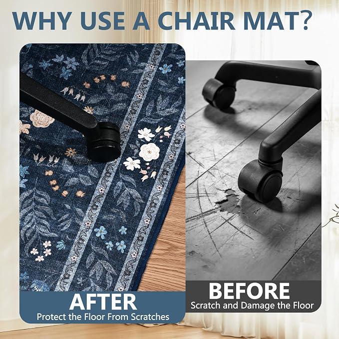 Office Chair Mat for Hardwood Floor & Tile Floor,36"X 48" Heavy Duty Desk Chair Mat for Hard Floors, Under Desk Rug for Rolling Computer Chair,Anti Slip,Low Pile Carpet Floor-Dark Blue Floral Print