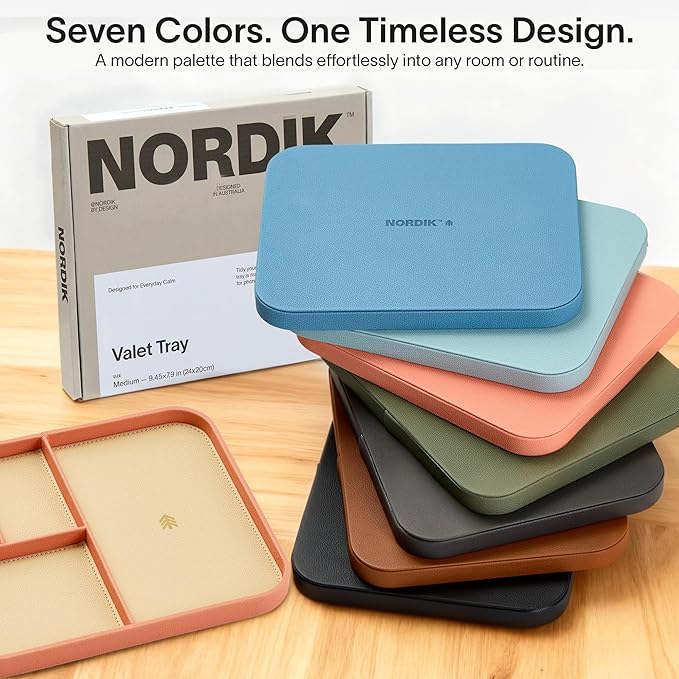 Nordik Leather Valet Tray - Coral Blush Pink - 9.5 x 7.9 Inch Medium Vegan Leather Tray - Stylish Nightstand Organizer for Men - Modern Bedside Caddy - EDC Catchall for Key Watch Wallet Jewellery