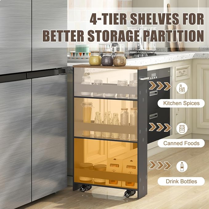 Giantex 4 Tier Rolling Slim Storage Cart, 5" Narrow Slide Out Kitchen Cart w/Handle & Open Shelves, Space-Saving Compact Mobile Utility Trolley for Small Space Laundry Room (Grey & Natural)