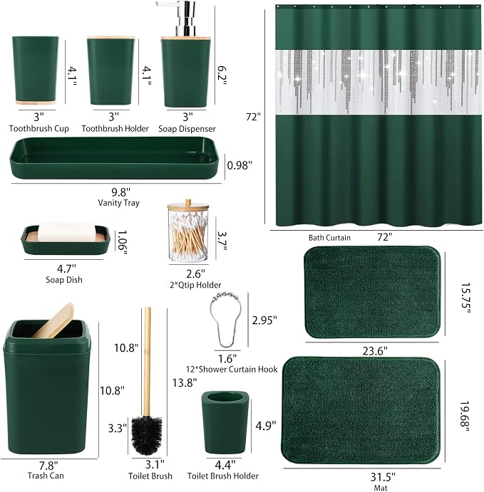 XLHOMO Dark Green Bathroom Sets with Shower Curtain and Rugs,Bathroom Sets Shower Curtain Set with Extra Soft and Absorbent Bathroom Rugs Green Bathroom Accessories