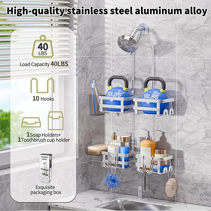GAOKASE Aluminum Shower Caddy Hanging, Never Rust Shower Organizer- 4 Levels with adjustable Height 10 Hooks for Razor/Sponge - Rack with Soap Basket (Silver)