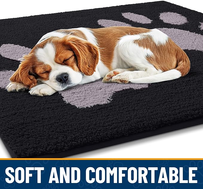 Smiry Dog Door Mat for Muddy Paws, Absorbs Moisture and Dirt, Low-Profile Entryway Mat with Non-Slip Backing, Entry Indoor Outdoor Doormat for Inside Floor (30x20 Inches, Black and Grey, Paw)