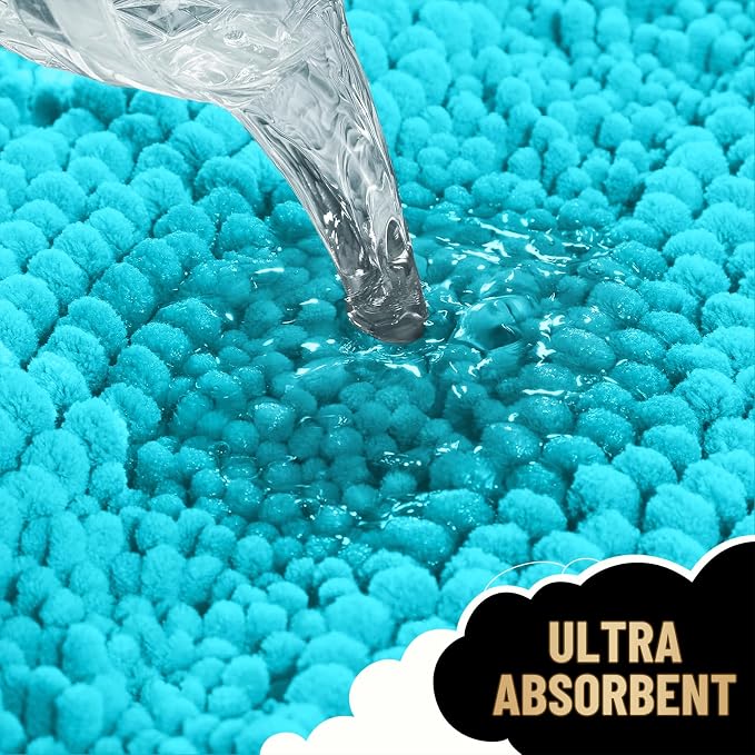 OLANLY Thick Small Bathroom Rugs 24x16, Extra Soft Absorbent Chenille Striped Bath Rugs, Rubber Backing, Machine Wash, Bath Mats for Bathroom Floor, Tub and Shower, Home Decor Accessories, Aqua Sky