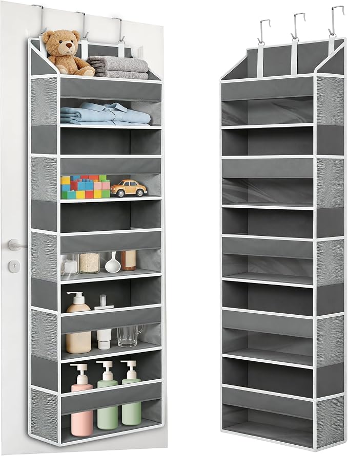 Over the Door Organizer, 5 Large Pockets Hanging Storage with Clear Windows, 10 Mesh Side Pockets, Holds Up to 44 lbs, Behind Door Organizer for Toys, Clothes, Nursery, Closet, Dorm, Gray