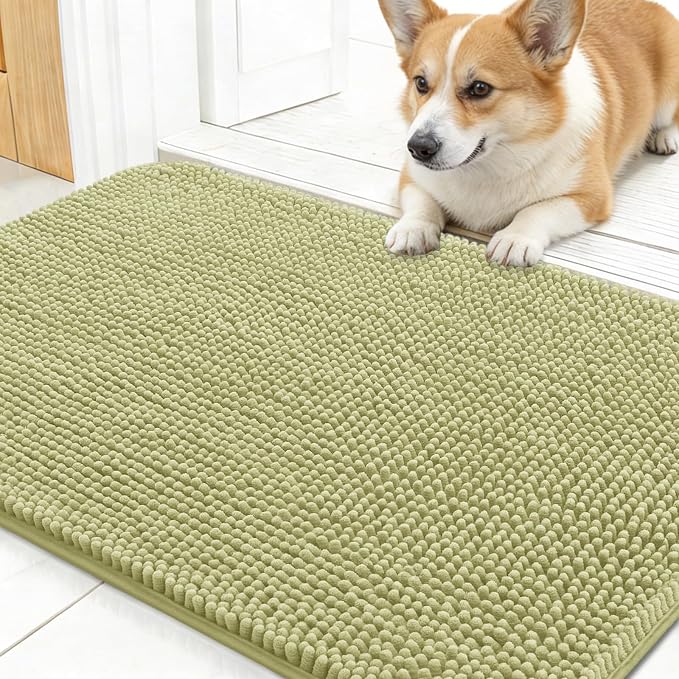 OLANLY Dog Door Mat for Muddy Paws 24x16, Absorbs Moisture and Dirt, Absorbent Non-Slip Washable Doormat, Quick Dry Chenille Mud Mat for Dogs, Entry Indoor Entryway Carpet for Inside Floor, Vanilla