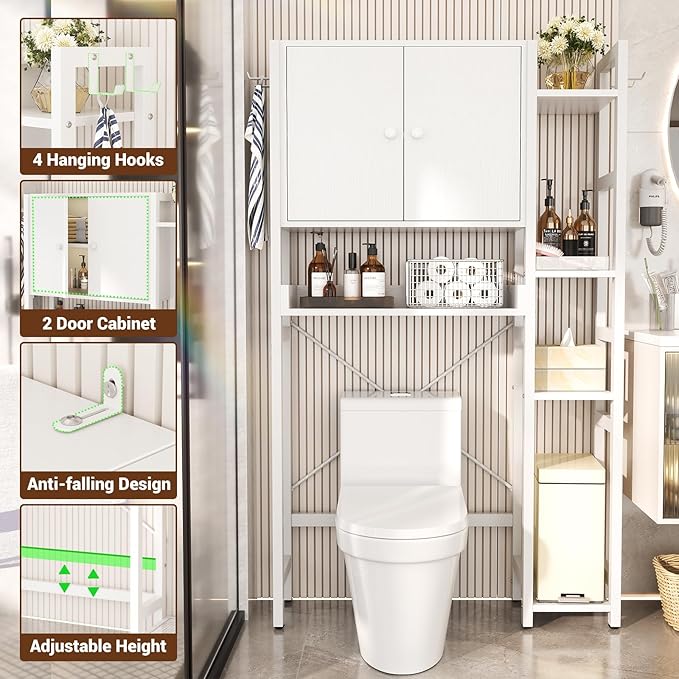 Over The Toilet Storage Cabinet with Doors - 7 Tier Bathroom Organizer with Adjustable Shelf, Freestanding Space Saver Rack Above Toilet Stand with 4 Hooks for Bathroom, Restroom, Laundry, White