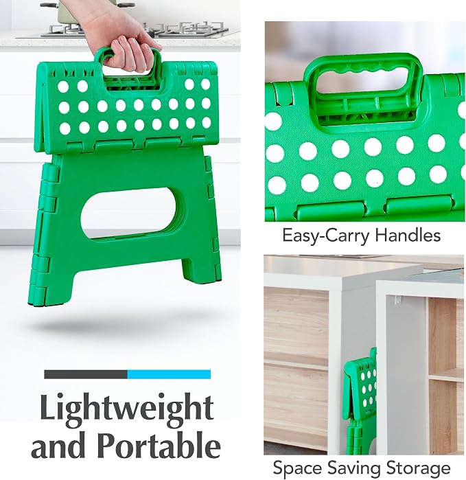Handy Laundry Folding Lightweight Step Stool - Sturdy Enough to Support Adults - Opens Easy with One Flip - Great for Kitchen, Bathroom or Bedroom (Green - 9 Inch)