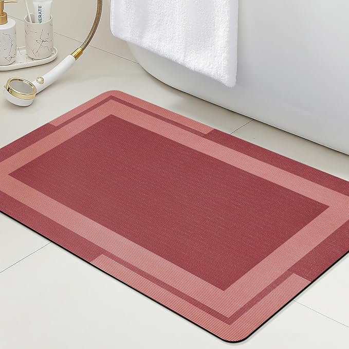 ACCUMTEK Non Slip Bath Mat, Thin Bathroom Rugs Fit Under Door, Quick Dry Bath Mats, Machine Washable Bath Rugs for Bathroom, Bathtub & Kitchen, Red/Bordered/24 x17