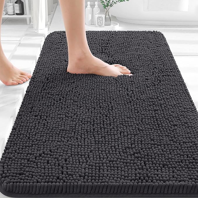 OLANLY Bathroom Rugs 35x24, Extra Soft Absorbent Chenille Bath Rugs, Rubber Backing Quick Dry, Machine Washable Bath Mats for Bathroom Floor, Tub and Shower, Home Decor Accessories, Dark Grey