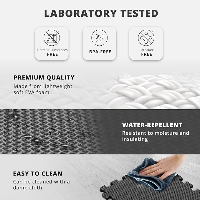 bemaxx Gym Mats Set - 54 pcs EVA Interlocking Foam Floor Tiles (12.6"x12.6"x0.4") 54sqft Protective Gym Flooring Sports Home Workout Exercise Mats Puzzle Garage Fitness Play-Room Pool Treadmill Bike