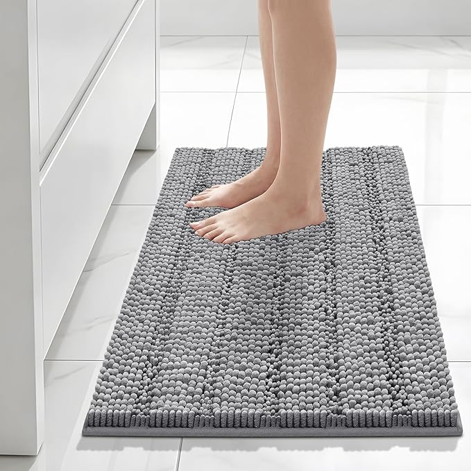 Bcoimo 30"×20" Chenille Bath Mat – Non-Slip with Backing Bath Rug Ultra-Absorbent and Machine Washable Bathroom Mat Quick-Dry Design. Ideal for Bathroom and Tub Areas