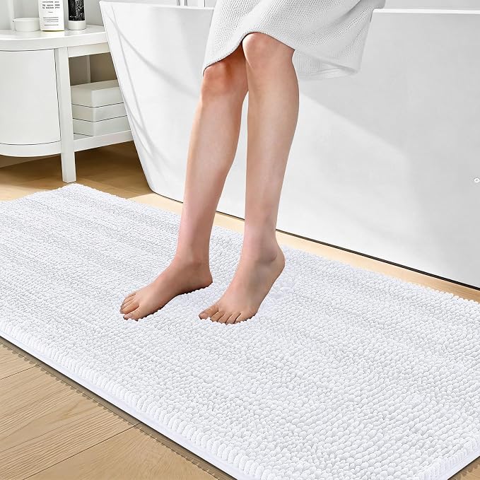 OLANLY Thick Bathroom Runner Rugs 70x24, Absorbent Chenille Striped Bath Rugs, Rubber Backing, Machine Wash Dry, Extra Long Bath Mats for Bathroom Floor, Tub and Shower, Home Decor Accessories, White