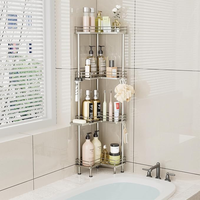 Consumest Corner Shower Caddy Standing - 4-Tier Stainless Steel Shower Organizer with Soap Holder and 4 Hooks, Large Capacity Corner Shelf Stand for Bathroom, Rest Room, Sand Nickel