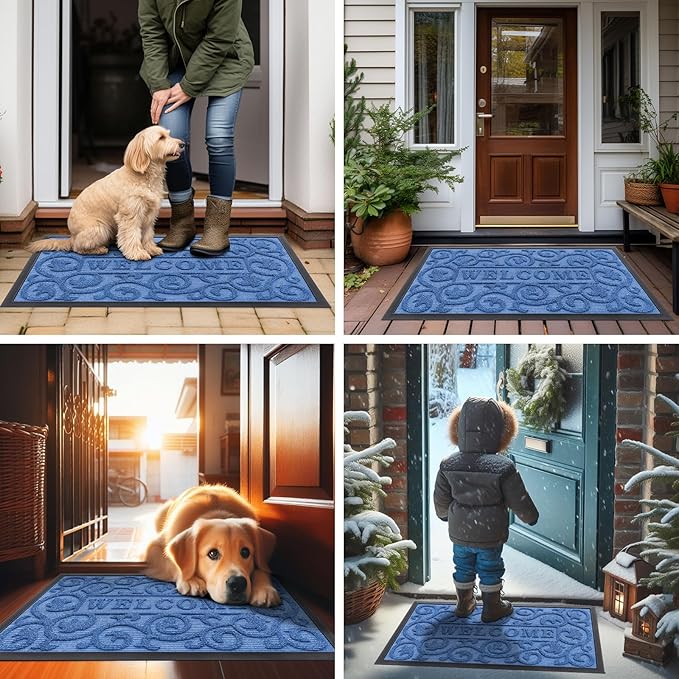 Smiry Welcome Door Mat Outside Entrance, Heavy Duty Trap Dirt and Moisture Easy Clean Low Profile Patio Porch Indoor Outdoor Front Doormat for Entry, 35x23 Inch, Blue