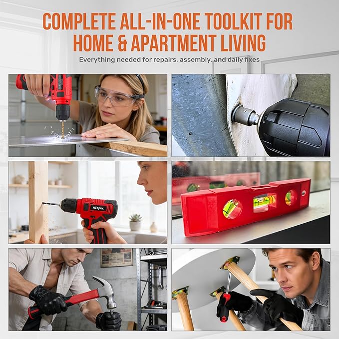 Hi-Spec 8V Cordless Drill Set & Starter Tool Kit – Rechargeable USB Electric Power Drill Driver, Compact Home Tool Set with Accessories, Red, Perfect for DIY Enthusiasts
