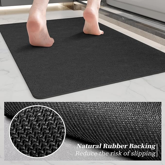 Bath Mat Rugs 24x17 - Diatomaceous Earth Bath Mat Quick Dry Absorbing Bathroom Rugs Rubber Non Slip Thin Bathroom Mat Fit Under Door, Bath Mats for Bathroom Floor, Tub and Shower, Sink, Dark Grey