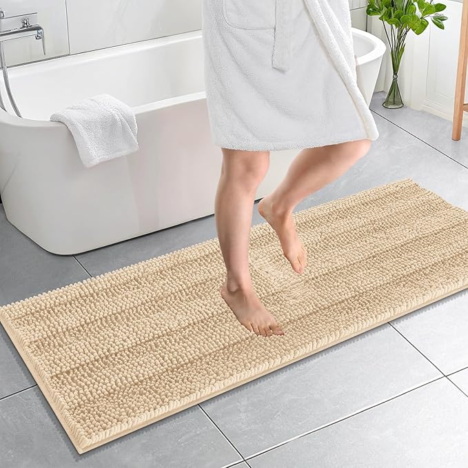 OLANLY Thick Bathroom Runner Rugs 59x20, Absorbent Chenille Striped Bath Rugs, Rubber Backing, Machine Wash Dry, Extra Long Bath Mats for Bathroom Floor, Tub and Shower, Home Decor Accessories, Beige