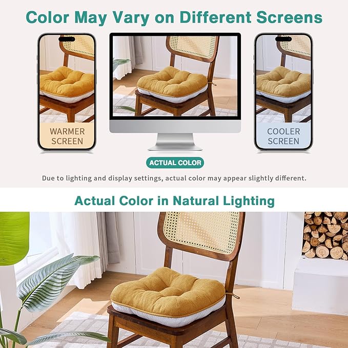 BETU Chair Cushions for Dining Chairs Set of 6,3.5" Thick Kitchen Table Chair Pads with Ties,Non Slip Backing and Covers, Seat Cushion for Dining Room,Bar,Patio Chairs,15.5"X15.5"X3.5",Yellow