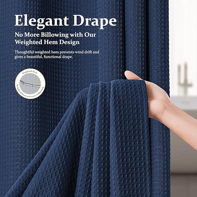 Dynamene Thick Fabric Shower Curtains for Bathroom - Waffle Weave Heavy Duty, 256GSM Hotel Spa Luxury Weighted Polyester Cloth Bath Curtain Set with 12 Plastic Hooks,72x72, Navy Blue