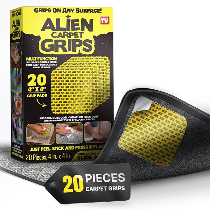 Alien Grip Rug Gripper Carpet Tape - 20pcs, 4x4 in. Anti-Slip Hardwood, Tile Floor, No Damage - Double Sided Reusable, Non Slip Corner Rug Pads - As Seen on TV