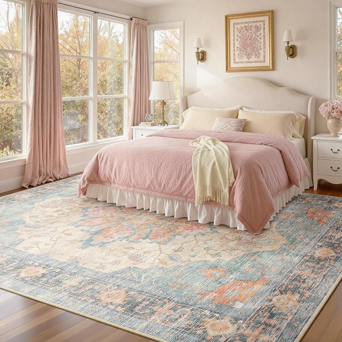 RELEANY Area Rugs Large 9'x12' Washable Non-Slip, Floral Vintage Distress Medallion Carpet for Living Room Bedroom Dining Room, Blue Orange Red