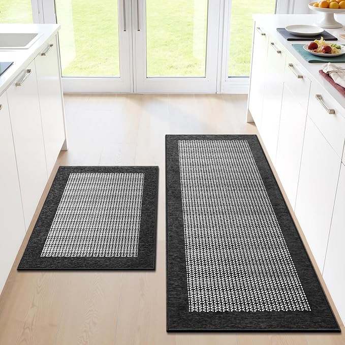 StepRite Kitchen Mats for Floor, Non-Slip Kitchen Rugs Set of 2 PCS, Super Absorbent Washable Kitchen Mats with Rubber Backing, Runner Mats for Front of Sink (20"x32"+20"x47" Black)