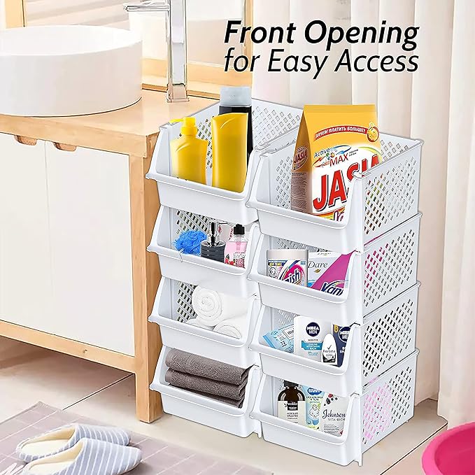 TidyFriend 4 Pack Stackable Storage Bins Open Front for Pantry Organizers and Storage, Pantry Storage for Food, Kitchen and Home Organization, Plastic Storage Bins, Dorm Room Essentials (White)