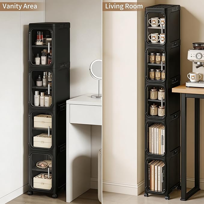 LXLXXL 5-Tier Narrow Storage Cabinet Slim Bathroom Storage Cabinet with Movable Wheels Tall Bathroom Organizer Skinny Cabinet for Small Spaces, Black
