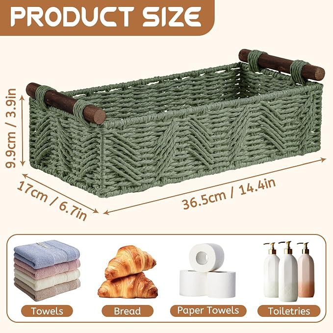 Bathroom Baskets for Organizing with Handle Decorative Basket for Bathroom Countertop Storage Toilet Paper Storage Basket for Toilet Tank Top Small Baskets Set,Green