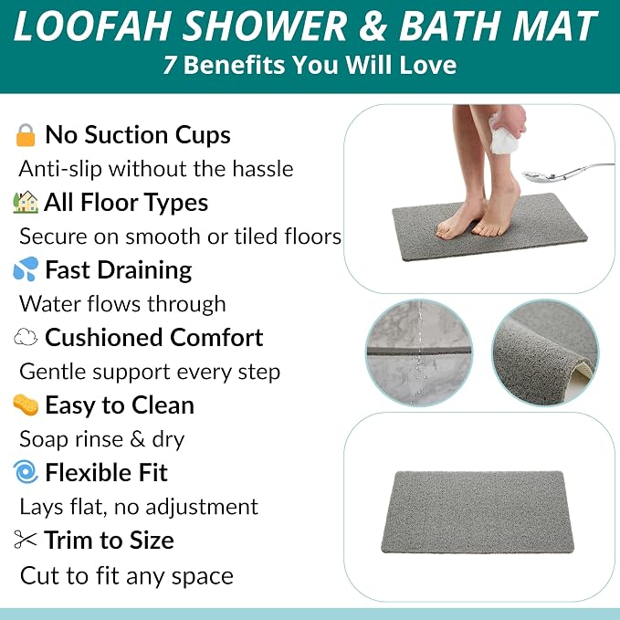ENKOSI Loofah Non-Slip Shower and Bath Mat - Soft Cushioned Comfort - No Suction Cups for Smooth or Textured Tubs - Fast Draining - Safety for Bathroom, Family, Kids, and Elderly 24x16 (Grey)