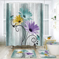 Onalasyc 4PCS Blue-Green Daisy Flowers Butterfly Shower Curtain Set with Shower Curtain and Carpet and Accessories, Waterproof Bathroom Shower Curtain Decorative Set with 12 pcs Hooks,71 x 71in