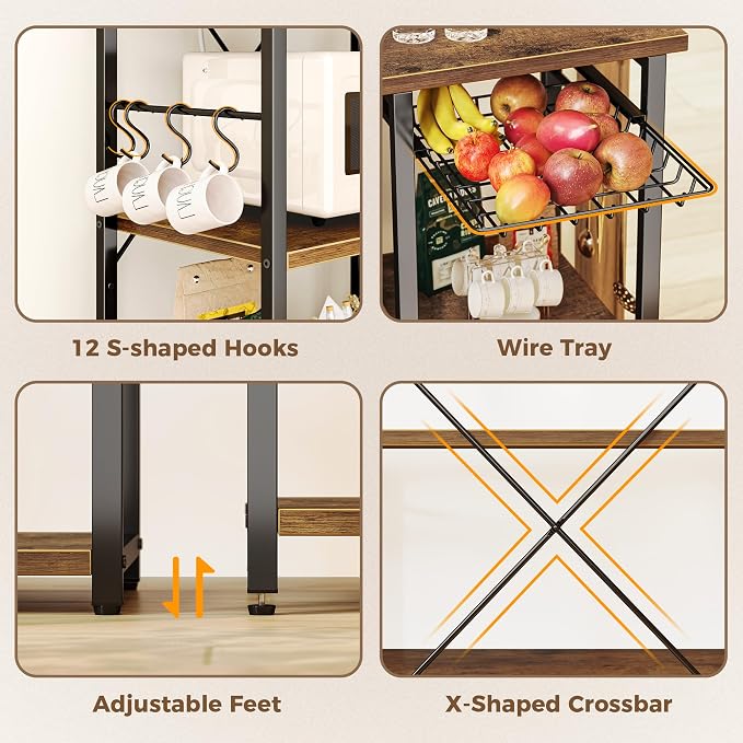 SUPERJARE Larger Bakers Rack with Power Outlets, 6-Tier Microwave Stand, Coffee Bar with 12 S-Shaped Hooks, Kitchen Shelf with Wire Basket, 47.2 x 15.5X 66.9 Inches, Rustic Brown