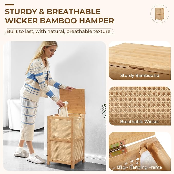TIOPGHAD Bamboo-Laundry-Hamper-Wicker-Basket-with-lid Large Wood Laundry Hampers Basket Bin Storage Organizer for Dirty Clothes, Laundry Room, Bathroom, Bedroom, Living Room(13Gallon/50L)