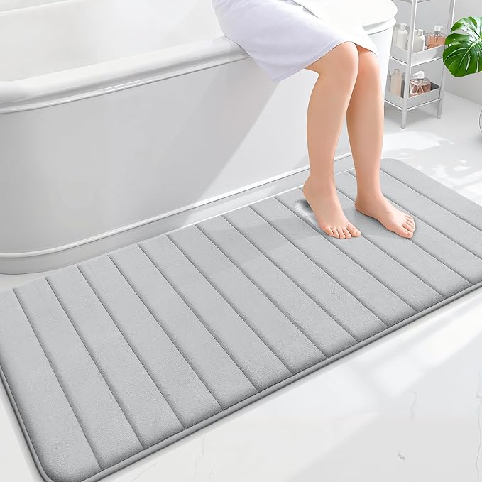 OLANLY Memory Foam Long Bathroom Rugs Runner 59x24, Super Soft Absorbent Bath Mat, Quick Dry, Machine Washable Shower Floor Rugs, Bathmat Carpet, Bathroom Home Decor Accessories, Light Gray