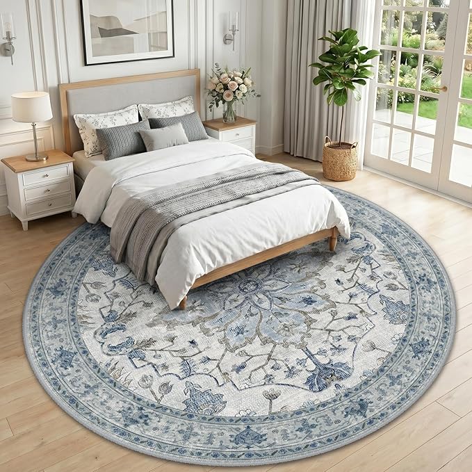 RELEANY Area Rugs Round 10ft Washable Non-Slip, Floral Vintage Distress Medallion Carpet for Living Room Bedroom Dining Room, Light Blue Navy Gray White