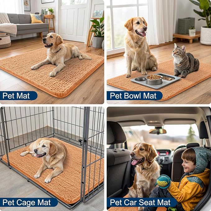 Smiry Dog Door Mat for Muddy Paws 71x46, Absorbent Dirt Trapper, Non-Slip Washable Chenille Entryway Rug for Inside Floor, Orange, Classic Solid