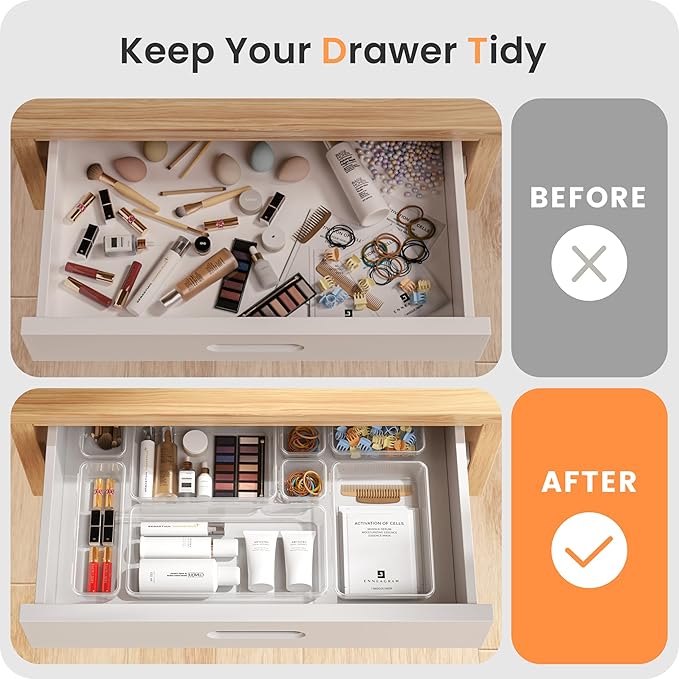 A-LuGei 【Military Grade】 Drawer Organizer, 【𝟱𝗦𝗶𝘇𝗲】 Makeup organizer, 【Holds 177 Items】 Bathroom Organizers and Storage, Organization and Storage, Desk Drawer Organizer for Vanity (Clear)