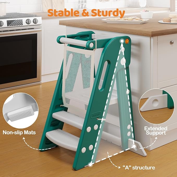 Onasti Toddler Standing Tower, Converts from 3-Step to 2-Step as Kids Grow, Space Saving Kids Kitchen Step Stool for Bathroom Sink, Kitchen Counter and Everyday Household Use-Green
