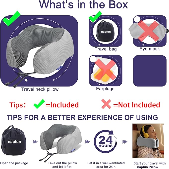 napfun Neck Pillow for Traveling, Upgraded Travel Neck Pillow for Airplane 100% Pure Memory Foam Travel Pillow for Flight Headrest Sleep, Portable Plane Accessories, Mist Gray