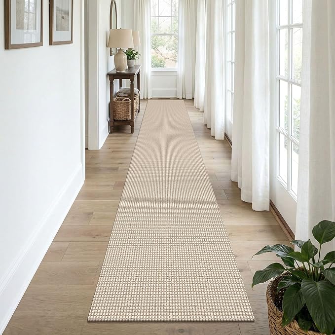 KOZYFLY Cotton 2x12 Runners Rugs for Hallway, Long Washable Runner Rug, Woven Non Slip Kitchen Runner, Braided Entryway Rug, Floor Carpet for Entry, Aisle, Hall, Ivory/Camel/Brown