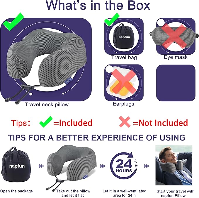 napfun Neck Pillow for Traveling, Upgraded Travel Neck Pillow for Airplane 100% Pure Memory Foam Travel Pillow for Flight Headrest Sleep, Portable Plane Accessories, Dark Gray