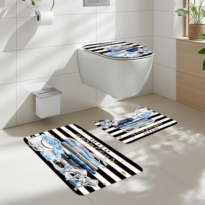 4Pcs Black and Blue Shower Curtain Set,High Heels Striped Perfume Bathroom Curtain with Rug, Toilet Lid Cover, Bath Mat, Fashion Floral Flower Magazine Books Shower Curtain with 12 Hooks