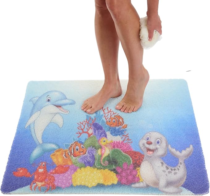 Extra Large Square Shower Mat Non Slip - Stall Shower for Shower Bathroom Non Slip for Shower - Secure Mat for Shower Floor - Safety Shower Mat Loofah (Kids Dolphin 31x31)