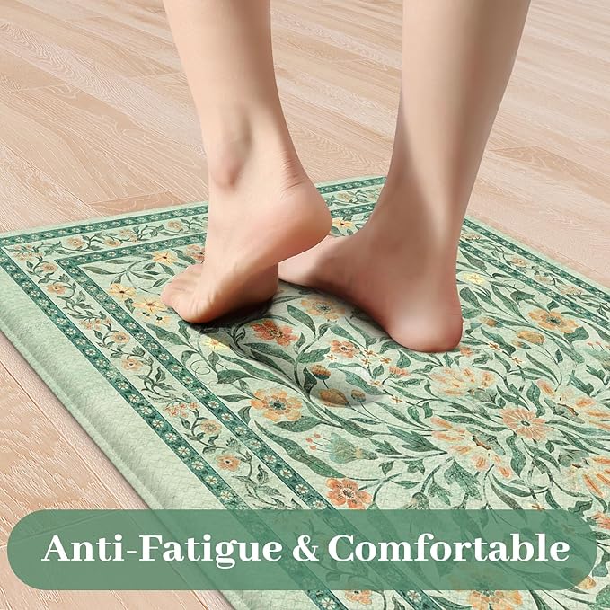 KIMODE Anti Fatigue Mats for Kitchen Floor, 17.3"x29"+17.3"x47" Farmhouse Kitchen Rugs Sets of 2, Cushioned Kitchen Mats for Floor Non Slip, Padded Standing Desk Mat for Sink Laundry Desk Green