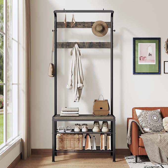 Hall Tree with Bench and Shoe Storage, 4-in-1 Entryway Organizer with 10 Hooks and Storage Shelf,Coat Rack Freestanding with 2-Tier Storage Shelf for Living Room, Deep Gray
