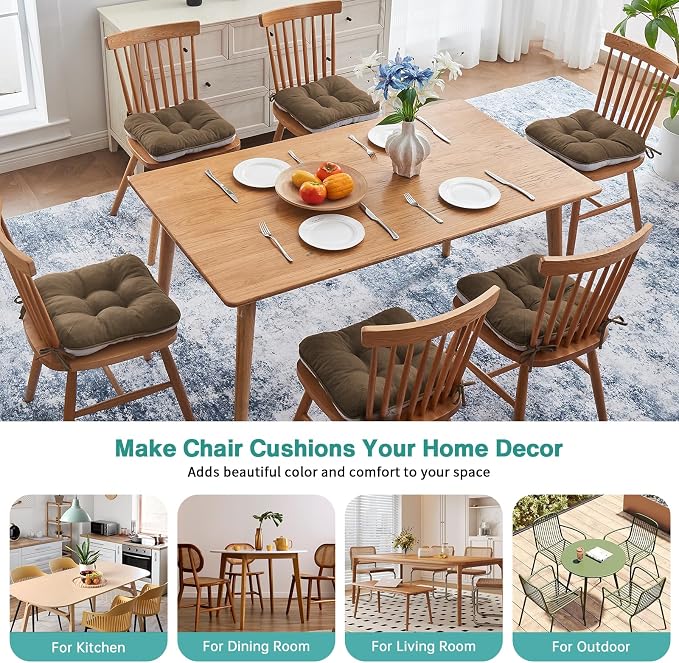 BETU Chair Cushions for Dining Chairs Set of 6,3.5" Thick Kitchen Table Chair Pads with Ties,Non Slip Backing and Covers, Seat Cushion for Dining Room,Bar,Patio Chairs,15.5"X15.5"X3.5",Brown
