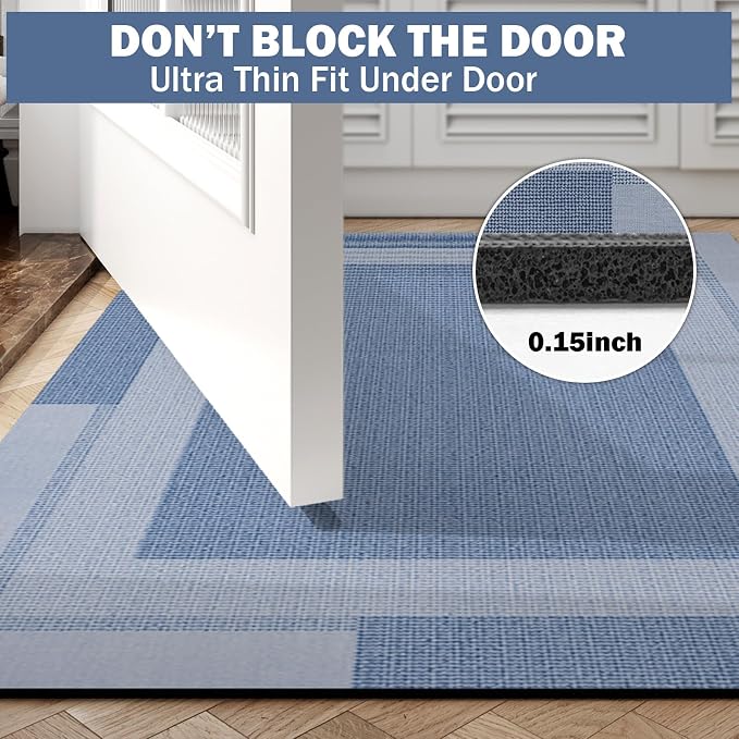 YDKGL Non Slip Long Bathroom Runner Rug Bath Mat, Rubber Backing Ultra Thin Bathroom Rugs Fit Under Door Quick Dry Super Absorbent Washable Shower Mat for Bathtub Sink Floor, Blue 17"x59"